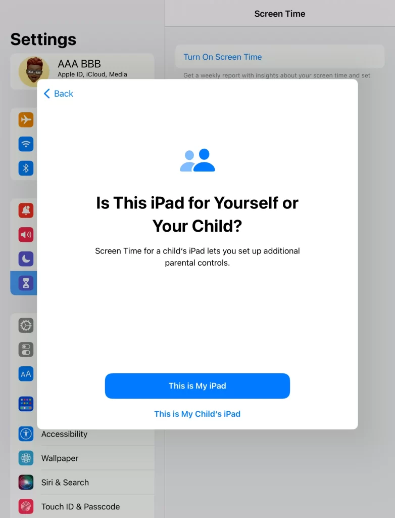 Selecting the child's device profile for Blocking Mature Content on iPad effectively.