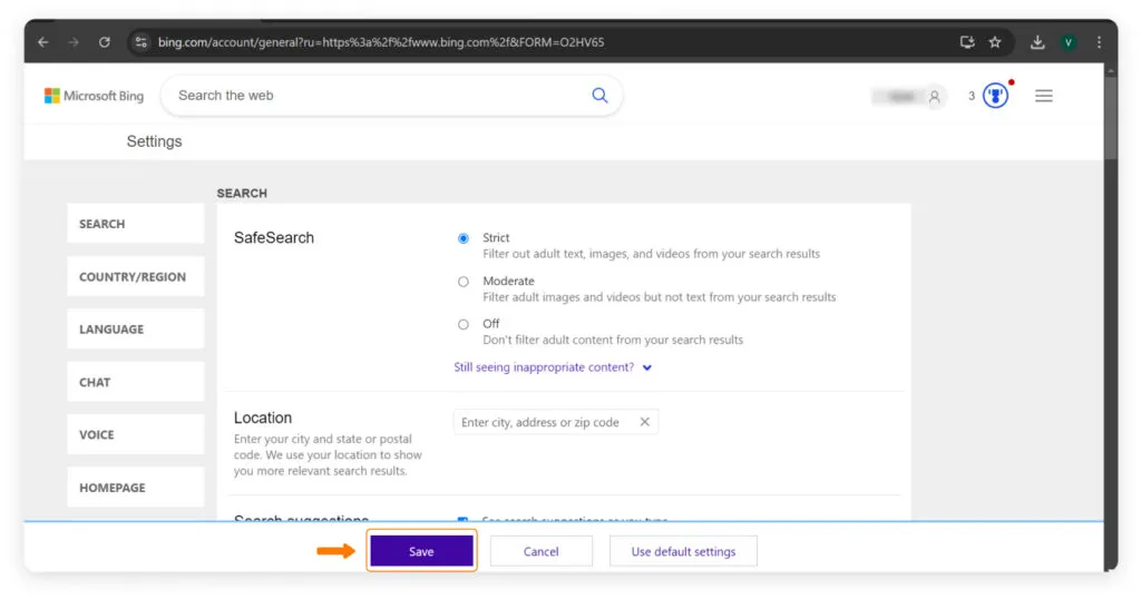 Child safe browsing setup using bing