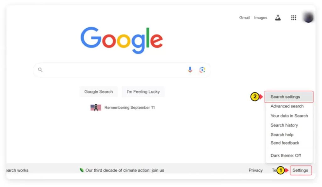 Navigating to Google search settings to learn how to Filter Explicit Results.
