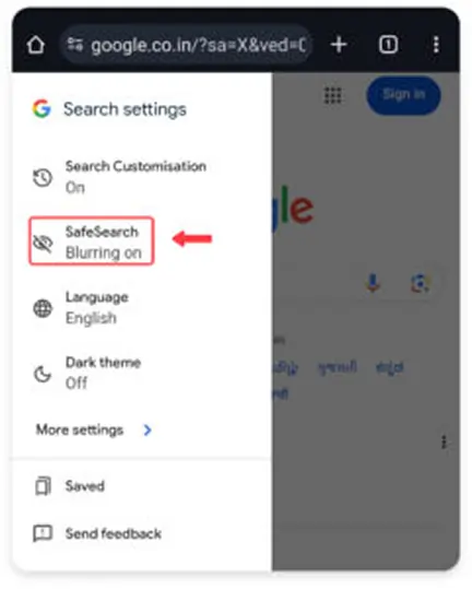 Navigating to the safe Search menu bar