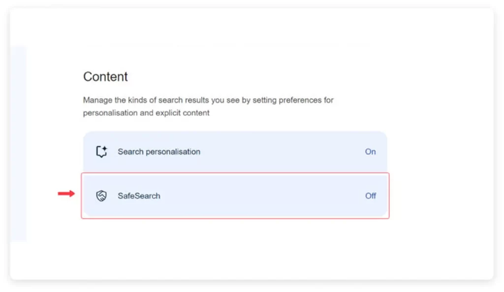 Locating the SafeSearch content setting to effectively Filter Explicit Results.