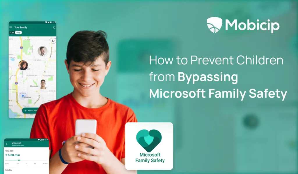 Teenager in red shirt using smartphone with Mobicip app showing family map and screen time stats, with headline ‘How to Prevent Children from Bypassing Microsoft Family Safety’.