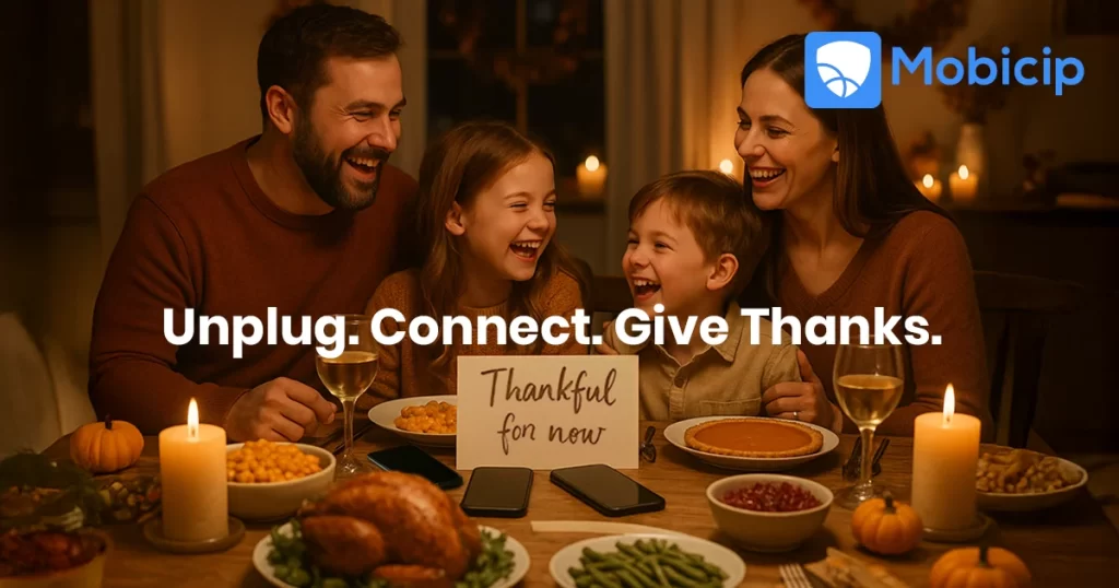 Family enjoying Thanksgiving dinner without phones to practice **digital gratitude**