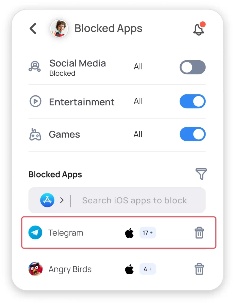 Mobicip app screenshot showing advanced app filtering by category and specific app blocking options.