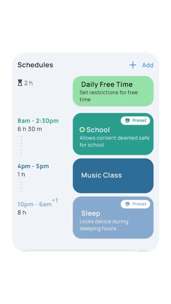 Mobicip app screenshot showing daily screen schedule settings for managing screen time.
