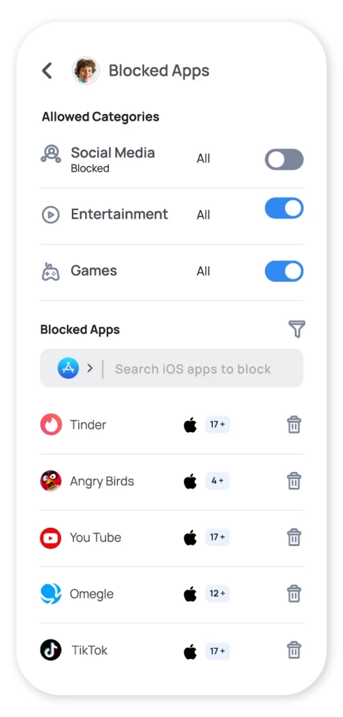 Mobicip app screenshot showing advanced app filtering by category and app blocking options.