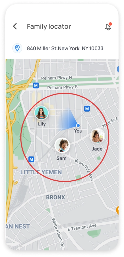 Mobicip app screenshot showing family locator with GPS tracking and a geofence around a child’s location.