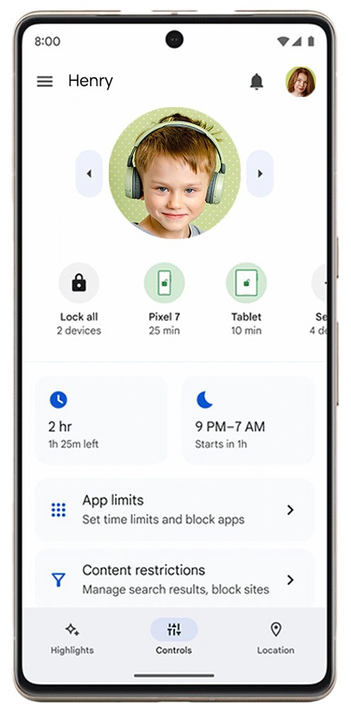 Google Family Link screenshot showing account data settings with controls enabled.