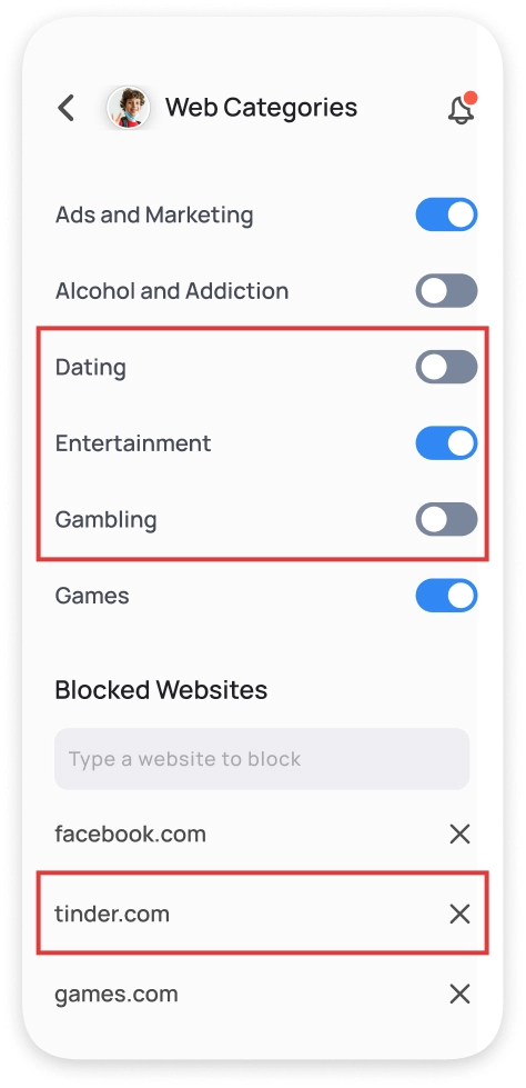 Mobicip app screenshot showing advanced web filtering by category and site blocking options.