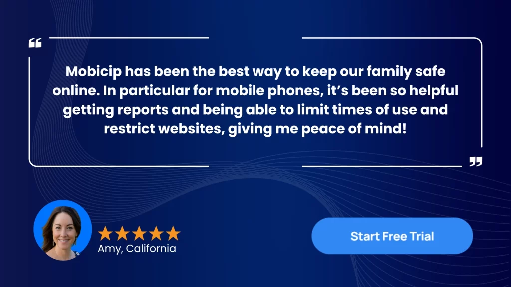 Mobicip testimonial showing positive feedback from a parent