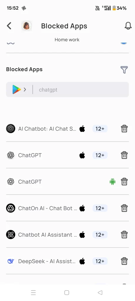 Mobicip Dashboard list of blocked apps ChatGPT safety for kids